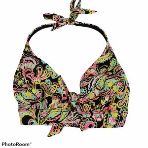 *Victoria's Secret Black Triangle Halter Bikini Top Boho Metallic Paisley